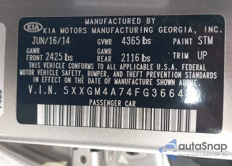 2015 Kia Optima Lx из США, поврежденный, VIN 5XXGM4A74FG366430